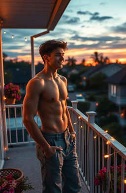 A romantic scene depicting a handsome young man standing on a balcony, gazing dreamily into the distance with a soft, inviting smile