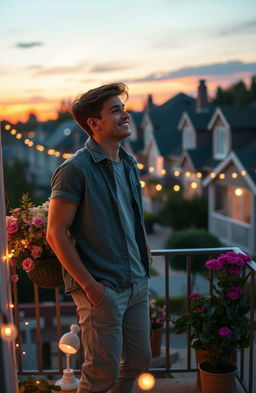 A romantic scene depicting a handsome young man standing on a balcony, gazing dreamily into the distance with a soft, inviting smile
