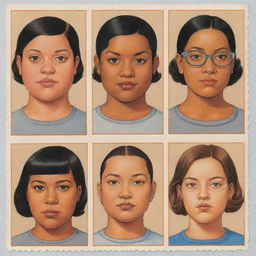 Create three individual portraits of fat, mixed-race cyborg girls, drawn in the unique style of Daniel Clowes