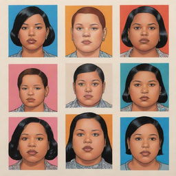 Create three individual portraits of fat, mixed-race cyborg girls, drawn in the unique style of Daniel Clowes