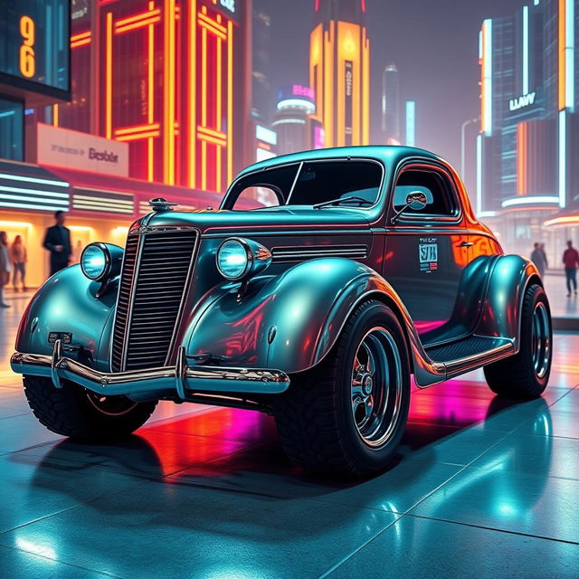 A visually stunning 1936 Chevrolet Coupe with a bold futuristic makeover, featuring a widebody design and large truck tires that give it an imposing presence