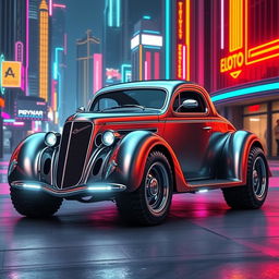 A visually stunning 1936 Chevrolet Coupe with a bold futuristic makeover, featuring a widebody design and large truck tires that give it an imposing presence