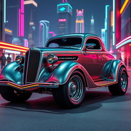 A visually stunning 1936 Chevrolet Coupe with a bold futuristic makeover, featuring a widebody design and large truck tires that give it an imposing presence