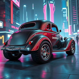 A visually stunning 1936 Chevrolet Coupe with a bold futuristic makeover, featuring a widebody design and large truck tires that give it an imposing presence