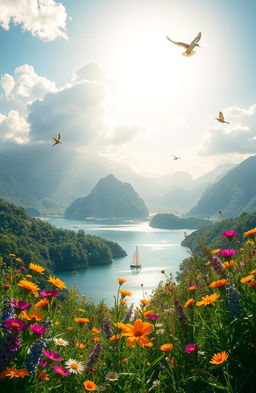 A breathtaking landscape scene titled 'Venezziola', showcasing a stunning view of a tranquil lagoon surrounded by lush greenery and majestic mountains in the background