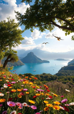 A breathtaking landscape scene titled 'Venezziola', showcasing a stunning view of a tranquil lagoon surrounded by lush greenery and majestic mountains in the background
