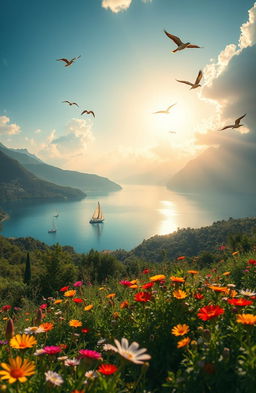 A breathtaking landscape scene titled 'Venezziola', showcasing a stunning view of a tranquil lagoon surrounded by lush greenery and majestic mountains in the background