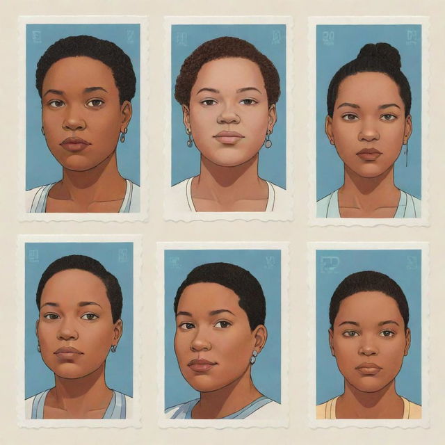 Generate three individual portraits of fat, mixed-race cyborg girls, in the distinct illustration style of Chris Ware