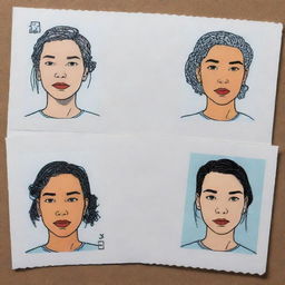 Create three individual portraits of cyborg girls, drawn in the clear line style of Hergé