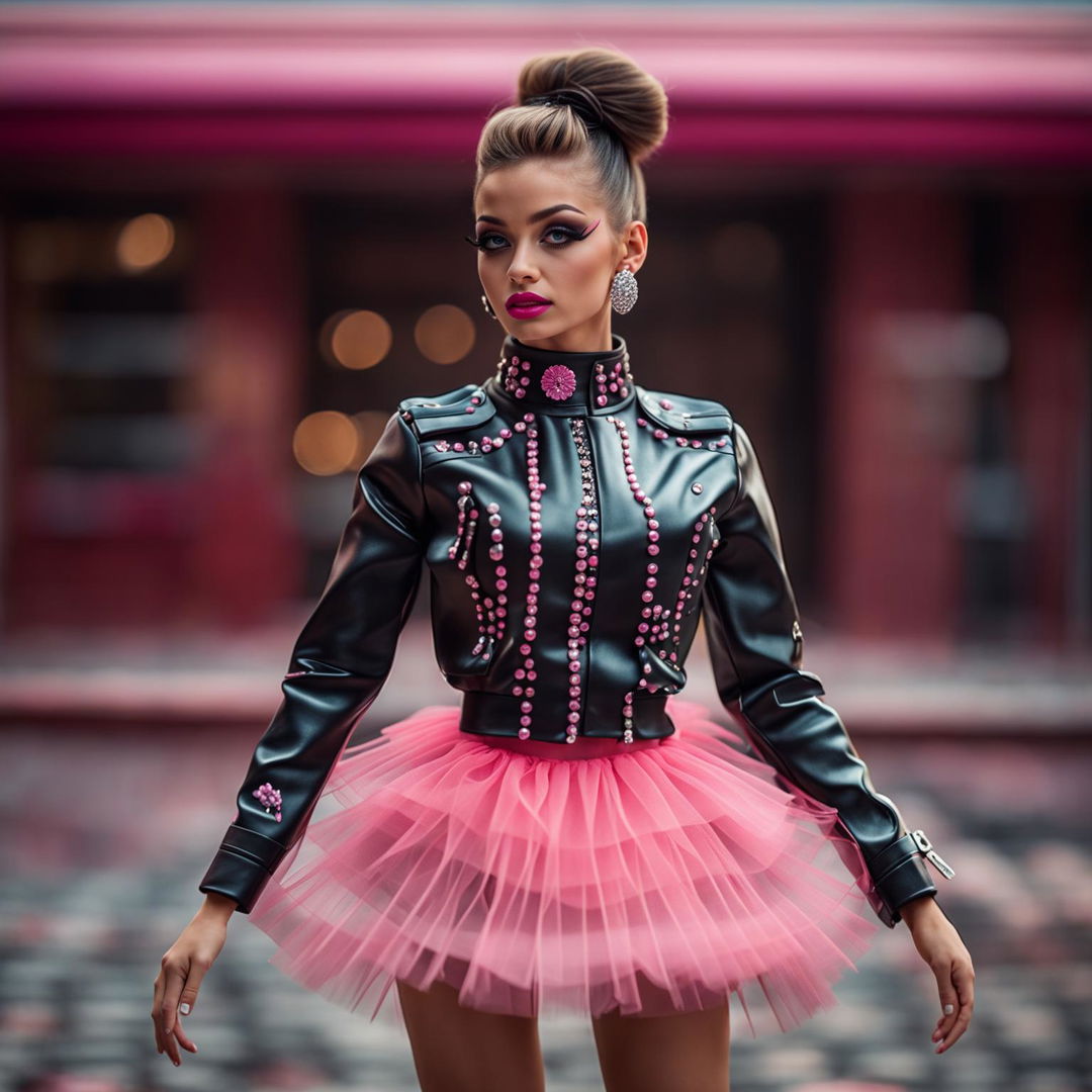 A different real-life female model in another Barbie-inspired outfit