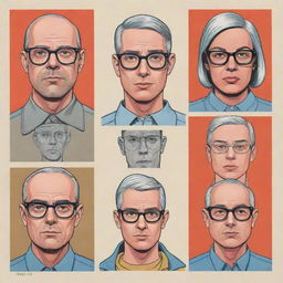 Create three individual illustrated portraits of cyborgs, applying the unique style of Daniel Clowes