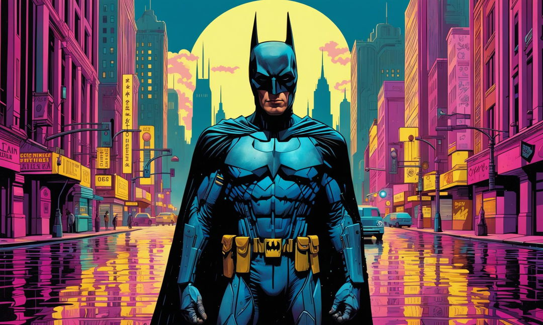 A Wes Anderson-inspired poster featuring a future Batman in a dystopian Gotham City