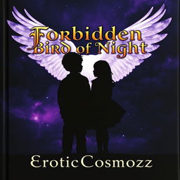 A mystical dark book cover featuring a vivid, surreal scene with an all-black shadow of a boy and girl standing in front of each other