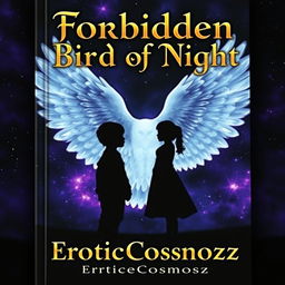 A mystical dark book cover featuring a vivid, surreal scene with an all-black shadow of a boy and girl standing in front of each other