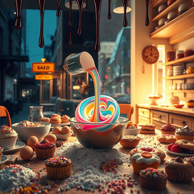 A hyperrealistic scene featuring a table covered with baking ingredients such as flour, sugar, eggs, and colorful sprinkles, surrounded by a variety of vibrant baked goods like cupcakes, cookies, and pastries