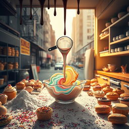 A hyperrealistic scene featuring a table covered with baking ingredients such as flour, sugar, eggs, and colorful sprinkles, surrounded by a variety of vibrant baked goods like cupcakes, cookies, and pastries