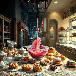 A hyperrealistic scene featuring a table covered with baking ingredients such as flour, sugar, eggs, and colorful sprinkles, surrounded by a variety of vibrant baked goods like cupcakes, cookies, and pastries