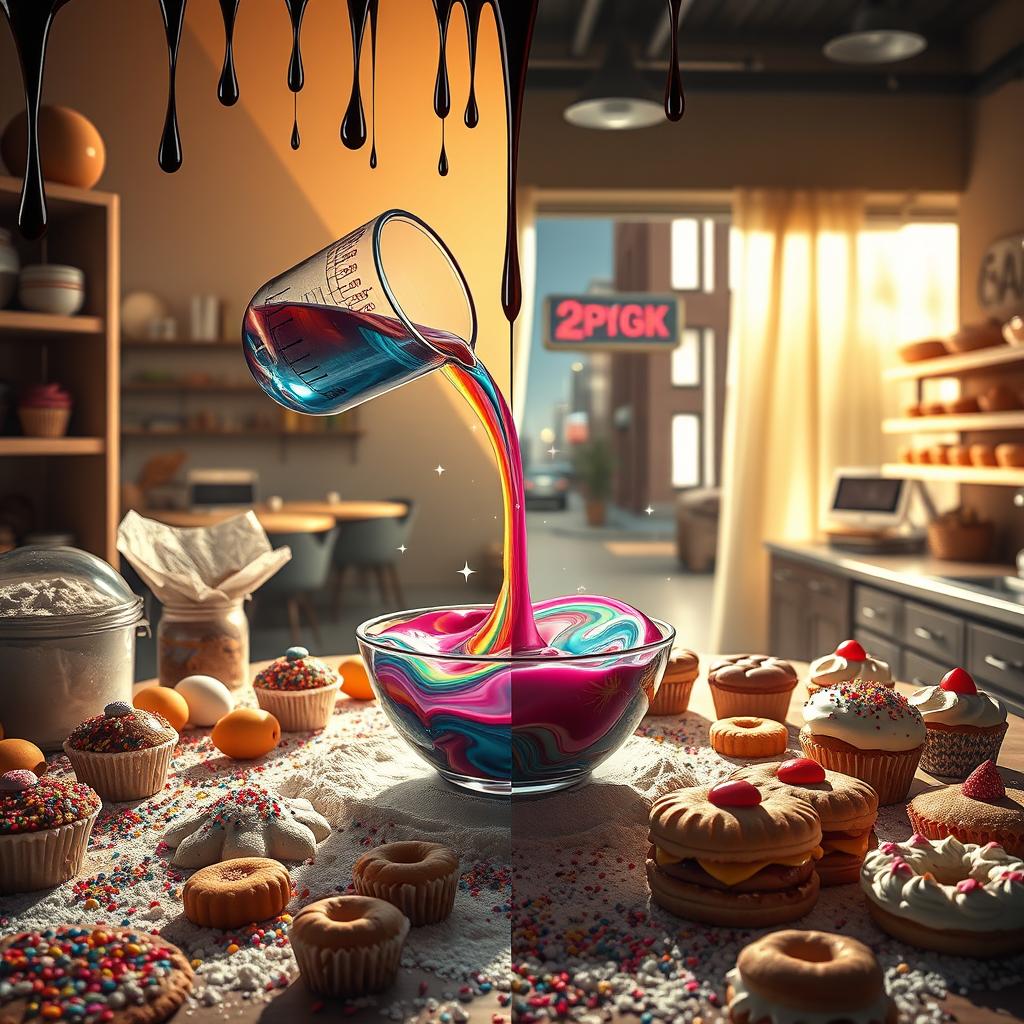 A hyperrealistic scene featuring a table covered with baking ingredients such as flour, sugar, eggs, and colorful sprinkles, surrounded by a variety of vibrant baked goods like cupcakes, cookies, and pastries