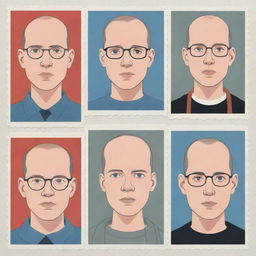 Generate three individual illustrated portraits of cyborgs in the distinct style of Chris Ware