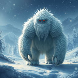 A fantastical creature resembling a yeti or a big white shaggy beast, adorned with striking red eyes that glimmer