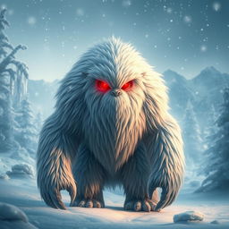 A fantastical creature resembling a yeti or a big white shaggy beast, adorned with striking red eyes that glimmer