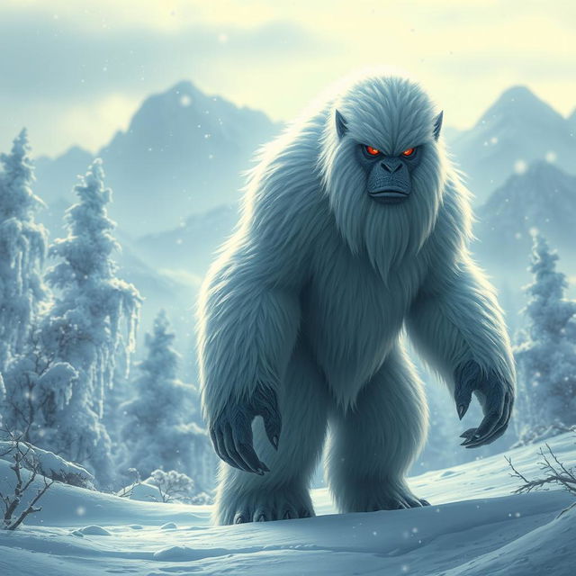 A fantastical creature resembling a yeti or a big white shaggy beast, adorned with striking red eyes that glimmer