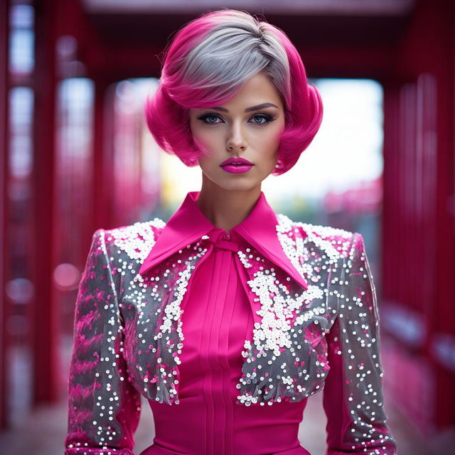 A different real-life female model in a unique Barbie-inspired outfit