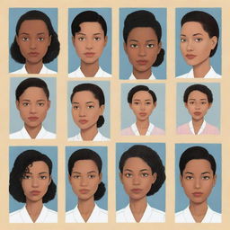 Generate three individual illustrated portraits of mixed-race bionic girls, in the distinct style of Chris Ware