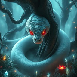 A mythical white snake with a stunning, intricately patterned face, featuring striking red eyes that glow eerily in a dark, mystical forest