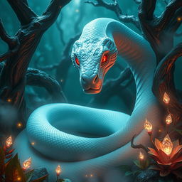 A mythical white snake with a stunning, intricately patterned face, featuring striking red eyes that glow eerily in a dark, mystical forest