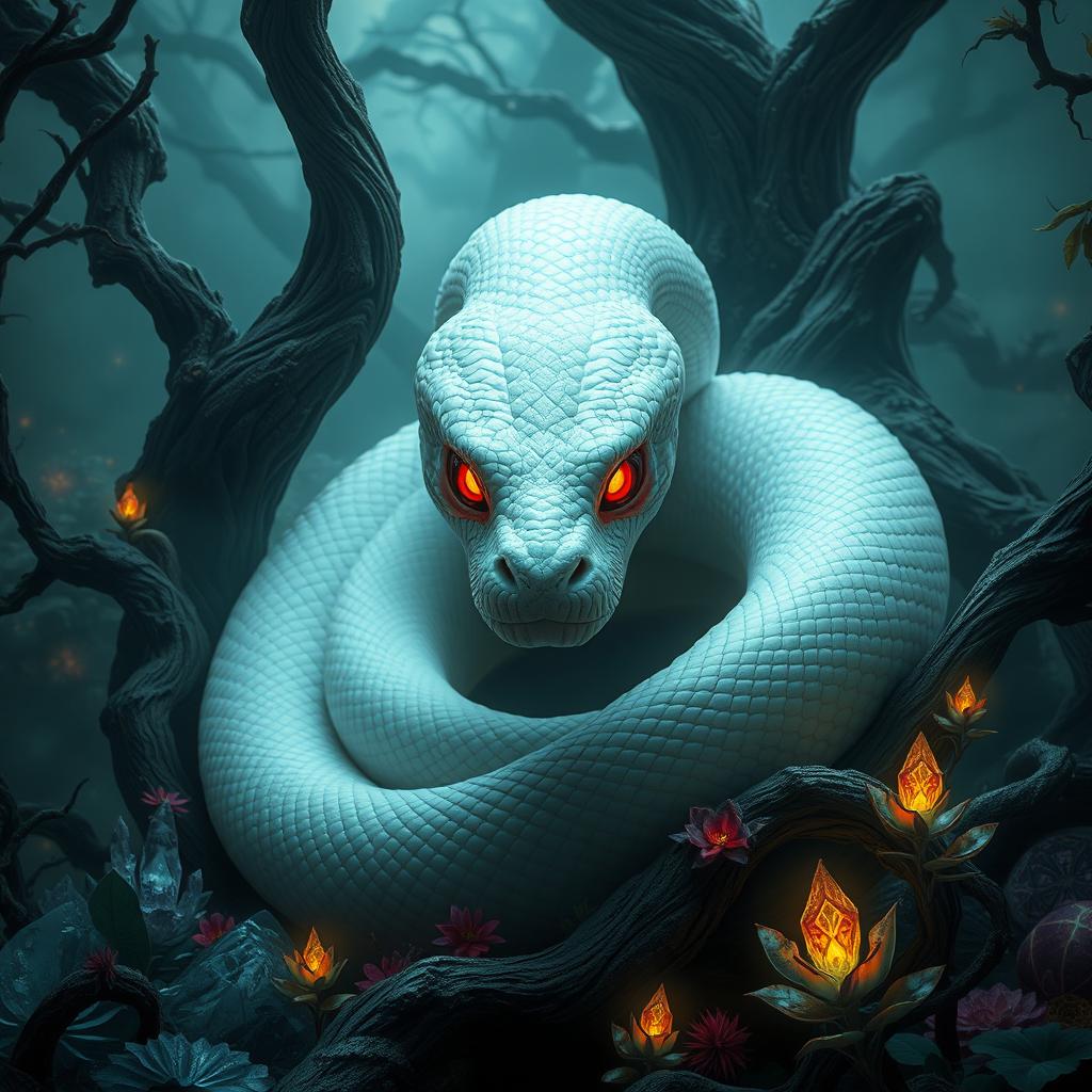 A mythical white snake with a stunning, intricately patterned face, featuring striking red eyes that glow eerily in a dark, mystical forest