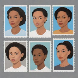 Generate three individual illustrated portraits of mixed-race bionic girls, in the distinct style of Chris Ware