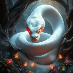 A mythical white snake with a stunning, intricately patterned face, featuring striking red eyes that glow eerily in a dark, mystical forest
