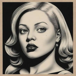 Create three individual illustrated portraits of blonde, obese, mixed-race robot girls, drawn in the noir style characteristic of Charles Burns