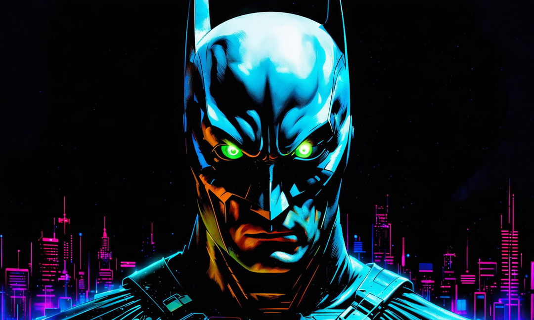 Ultra close-up digital art of Batman's face in neon colors