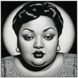 Produce three individual illustrated portraits of obese, mixed-race robot girls, utilizing the noir style of Charles Burns