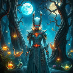 A stunning fantasy scene featuring a mysterious figure with white skin and striking red eyes