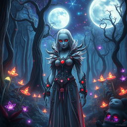A stunning fantasy scene featuring a mysterious figure with white skin and striking red eyes