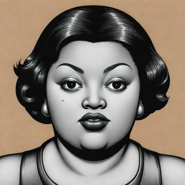 Produce three individual illustrated portraits of obese, mixed-race robot girls, utilizing the noir style of Charles Burns