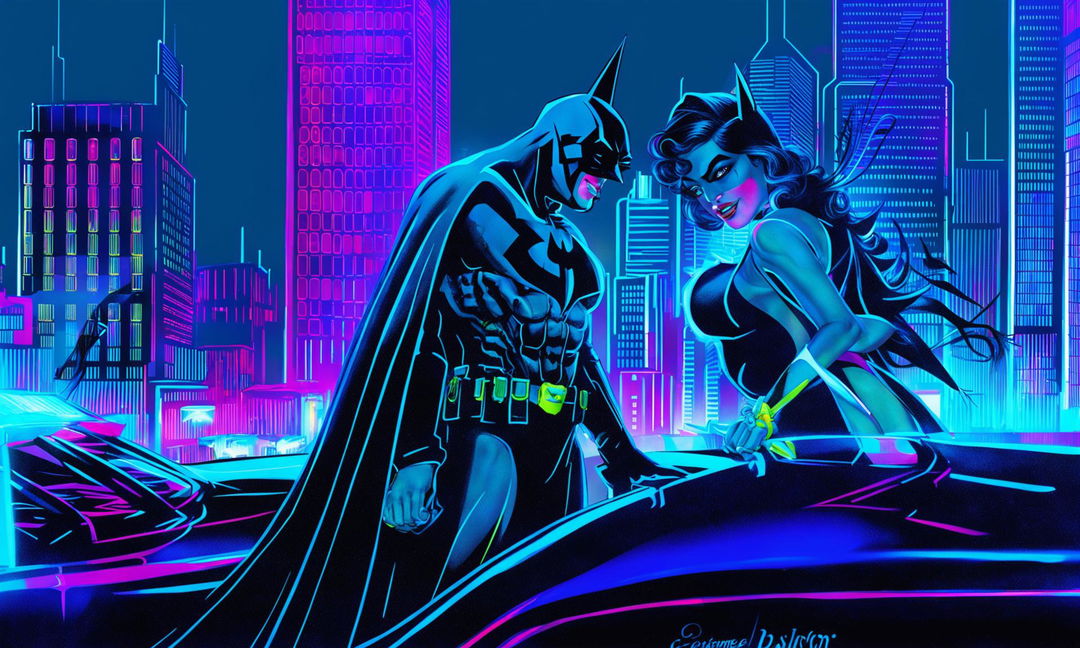 Retro Batman in neon cityscape with pin-up girl against vintage car in 200mm square format at 32k resolution.