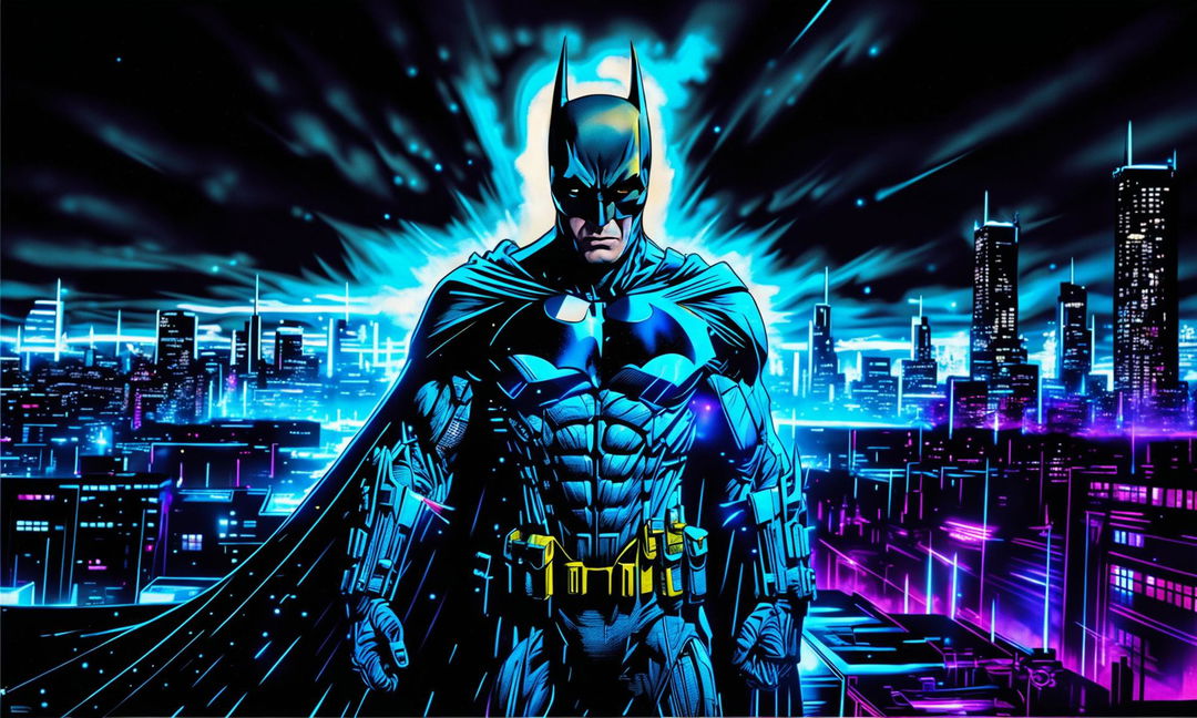 A 32k resolution digital art image of Batman illuminated by neon lights in electric blues and purples against a monochrome cityscape of Gotham City at night