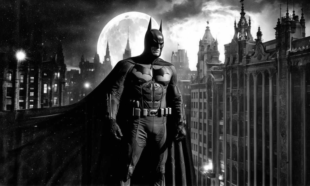 A black and white vintage photograph of Batman in a super retro style against the backdrop of a moonlit Gotham City.