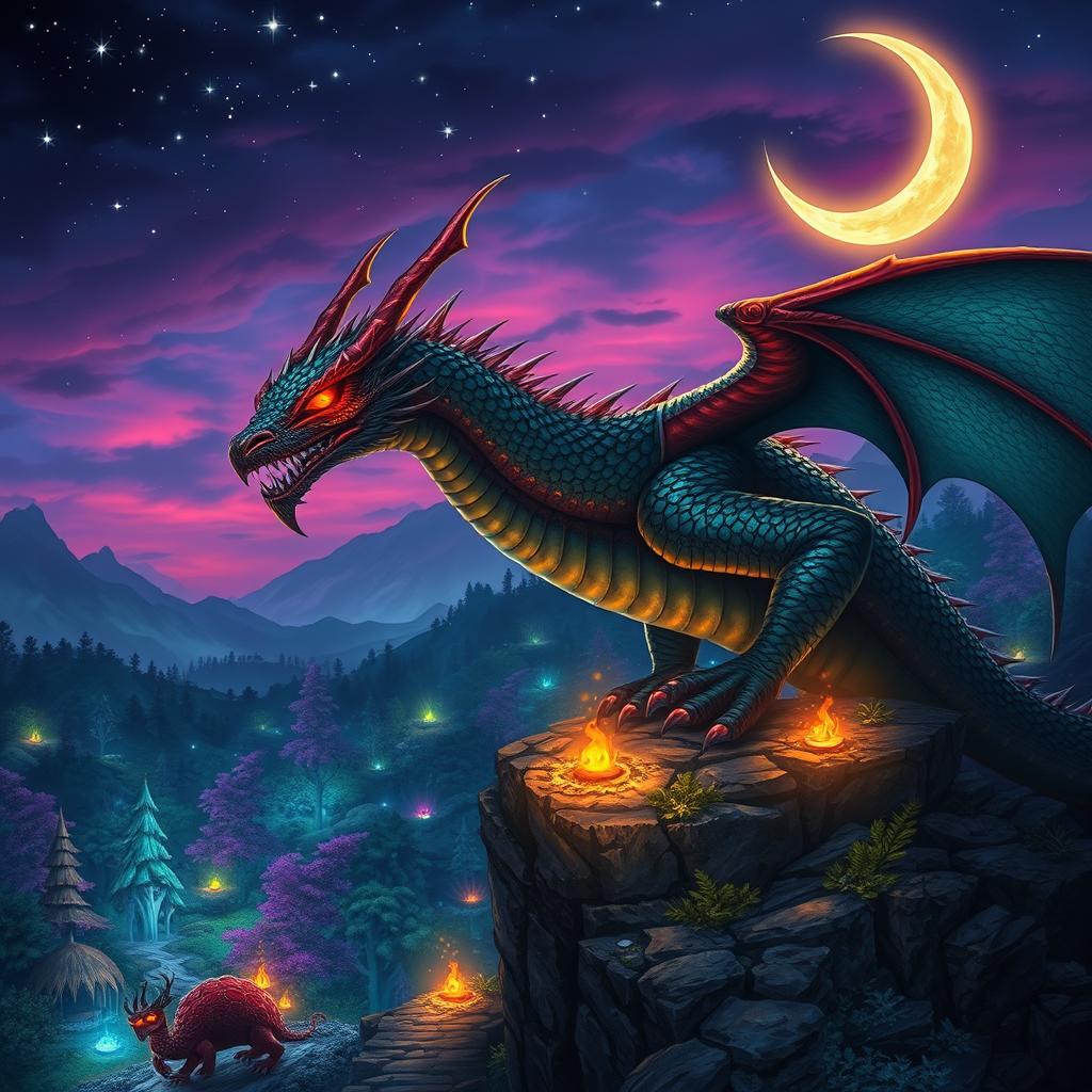 A mystical fantasy scene featuring a majestic dragon with striking red snake-like eyes