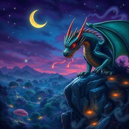 A mystical fantasy scene featuring a majestic dragon with striking red snake-like eyes