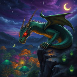 A mystical fantasy scene featuring a majestic dragon with striking red snake-like eyes