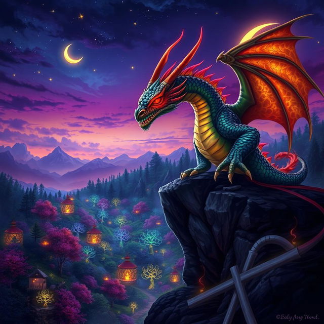 A mystical fantasy scene featuring a majestic dragon with striking red snake-like eyes