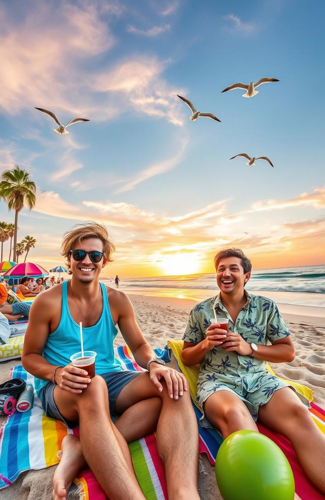 A picturesque weekend scene featuring two friends, Dan and Cyle, enjoying a sunny day at Laguna Beach