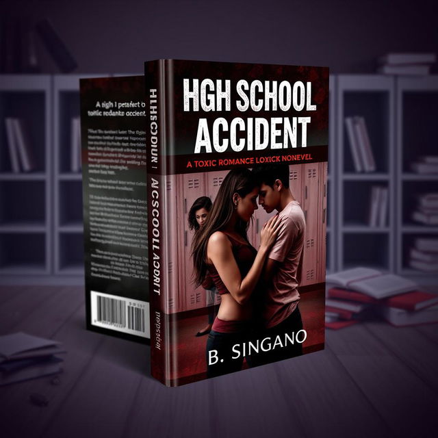 A 3D book cover design for a toxic romance novel titled 'High School Accident' by B