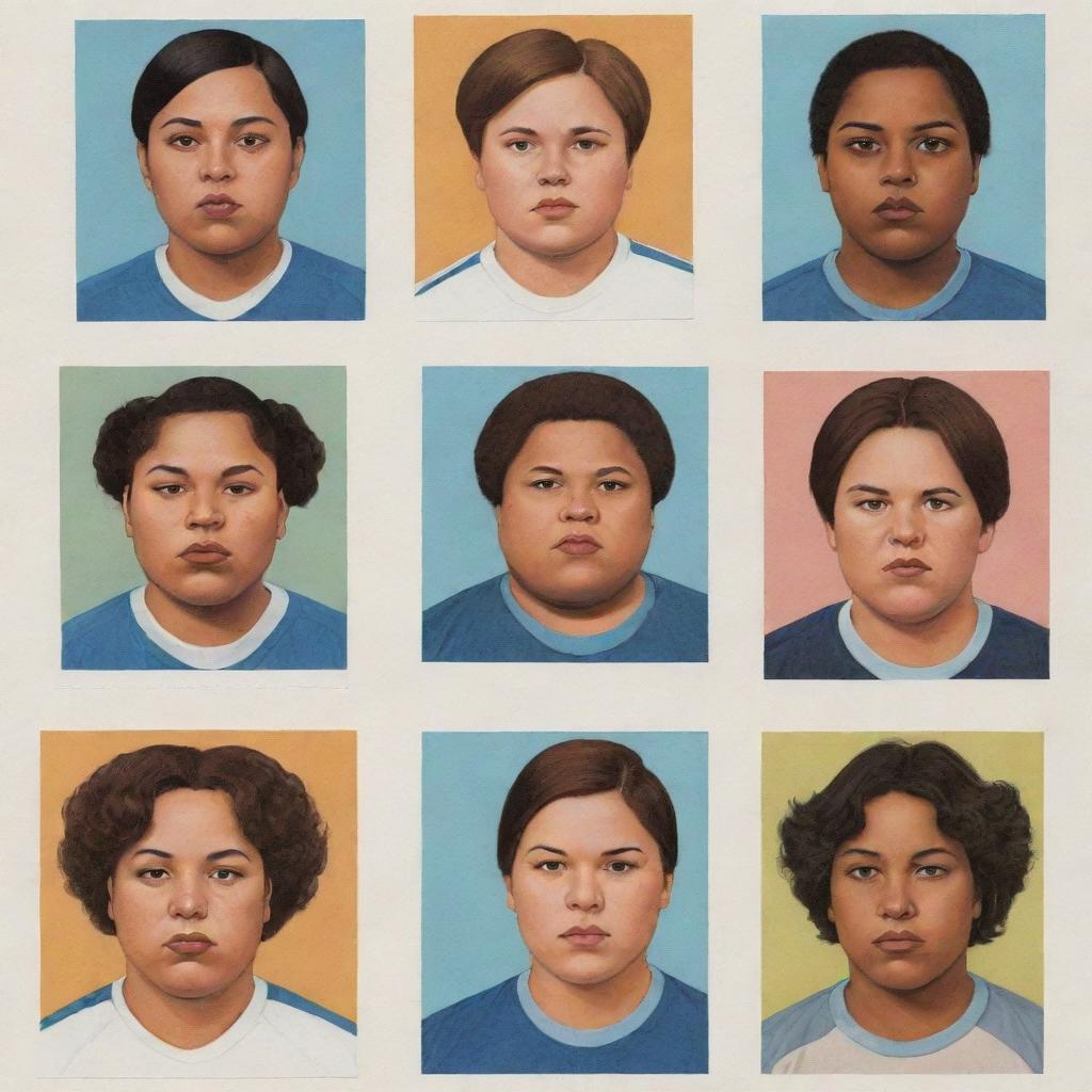 Create three individual illustrated portraits of fat, mixed-race girl soccer players, rendered in the unique style of Daniel Clowes