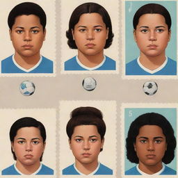 Create three individual illustrated portraits of fat, mixed-race girl soccer players, rendered in the unique style of Daniel Clowes